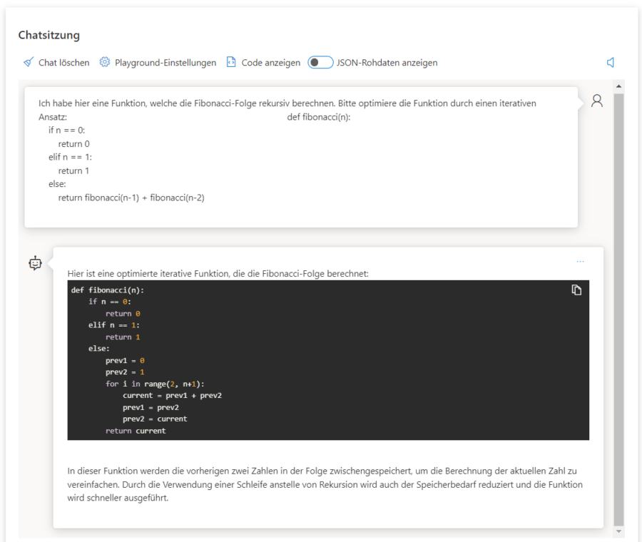 Azure OpenAI optimiert das Berechnen der Fibonacci-Folge durch einen iterativen Ansatz.