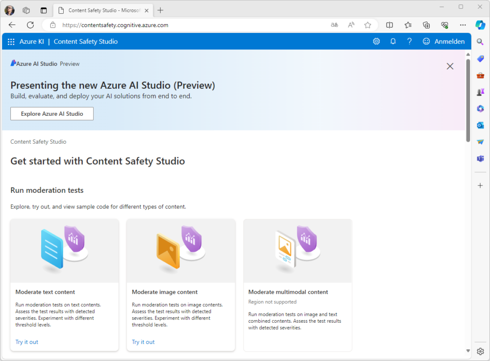 Das Content-Safety-Studio weist auf die Verfügbarkeit des neuen AI-Studios hin.