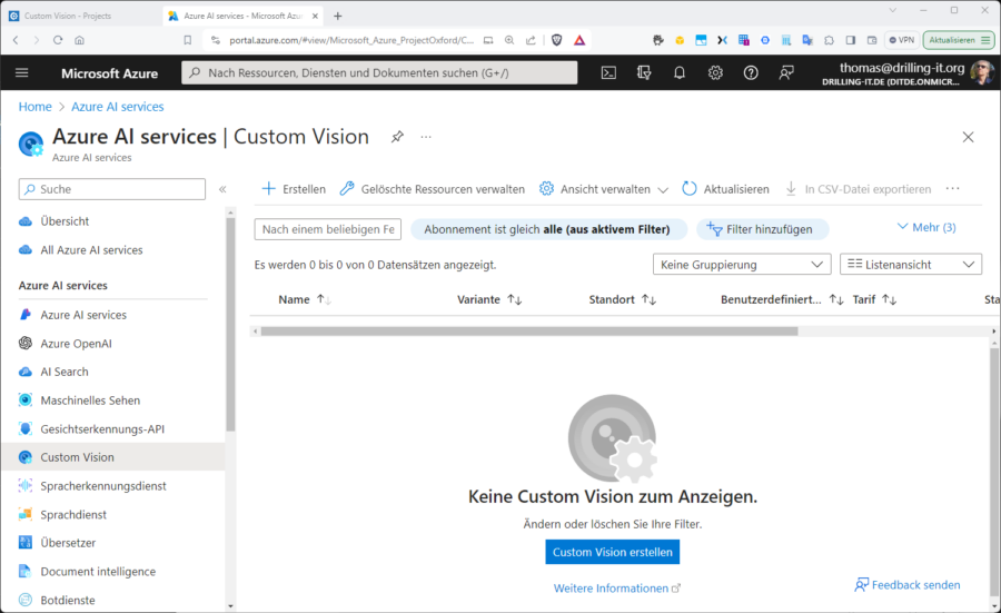 Eine neue Custom-Vision in den Azure AI-Services. Für Tests eignet sich der Tarif „Fee S0“. Für Training und Vorhersage könnte man auch abweichende Tarife wählen.