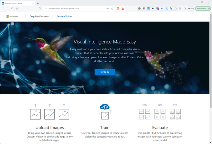 Die Custom-Vision-Produktseite von OpenAI. Hier melden wir uns mit einem Azure-Mandaten an, in dem wir über einen Azure-AI-Service-Plan verfügen  (Bild: Drilling / Microsoft)arrow forward
Image ZoomDie Custom-Vision-Produktseite von OpenAI. Hier melden wir uns mit einem Azure-Mandaten an, in dem wir über einen Azure-AI-Service-Plan verfügen