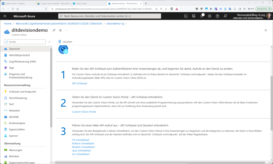 Auch bei einer Vision-Ressource müssen Sie sich für spätere Experimente mit der REST-API oder den SDKS z. B. die Schlüssel und Endpunkte notieren (siehe folgenden Teil). Noch einfacher gelingt hingegen der Einstieg in AI Vision mit dem neuen Azure AI Vision Studio (Bild: Drilling / Microsoft) arrow back arrow forward Image ZoomAuch bei einer Vision-Ressource müssen Sie sich für spätere Experimente mit der REST-API oder den SDKS z. B. die Schlüssel und Endpunkte notieren (siehe folgenden Teil). Noch einfacher gelingt hingegen der Einstieg in AI Vision mit dem neuen Azure AI Vision Studio
