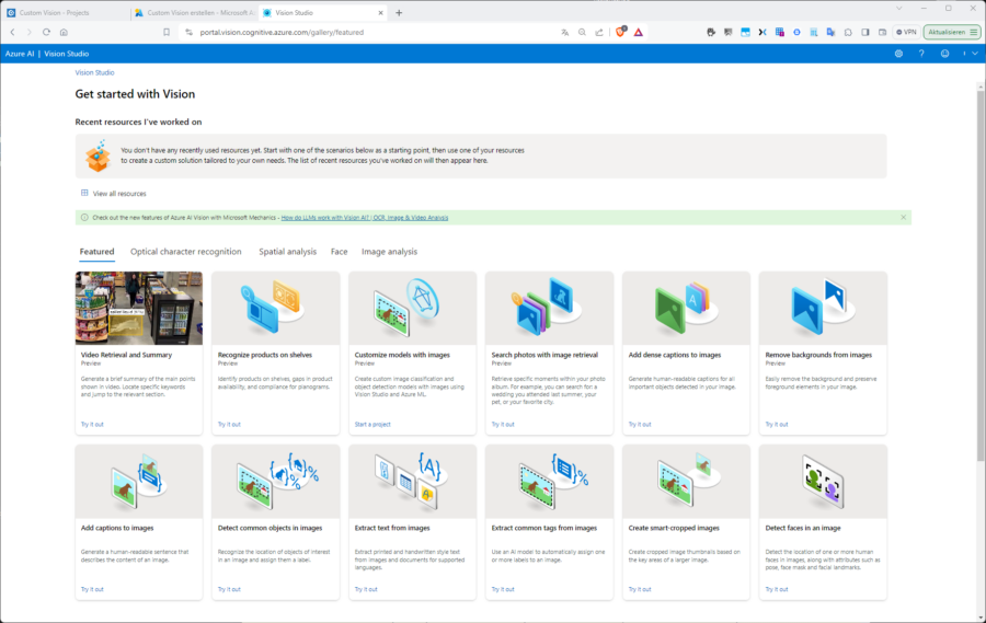 Hier wählen wir beispielsweise „Create smart-cropped images“ und klicken auf den Link „Please select a resource“ um eine Verbindung zur gewünschten Azure Subscription herzustellen. Der Dienst steht momentan nur in bestimmten Regionen zur Verfügung.