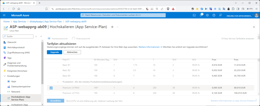 Für die neue automatische oder die regelbasierte Skalierung ist ein passender Service-Plan vonnöten.