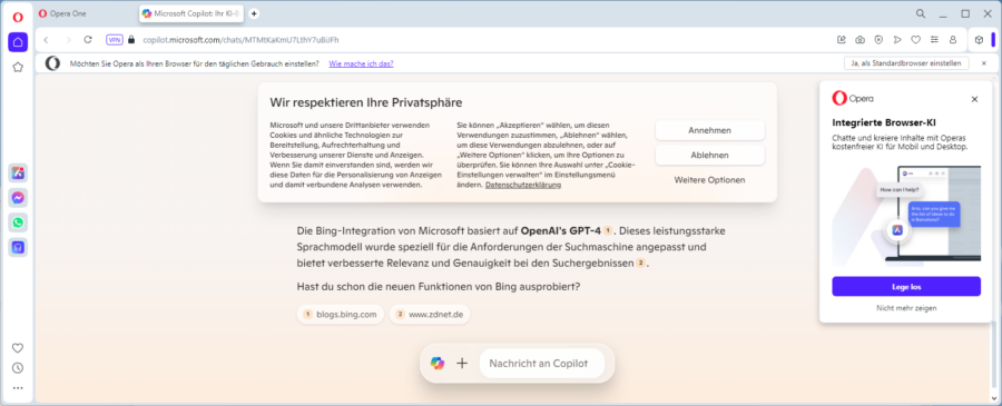 Bing-Chat ist die Symbiose aus ChatGPT und Internet und lässt sich in jedem Browser nutzen (hier Opera).