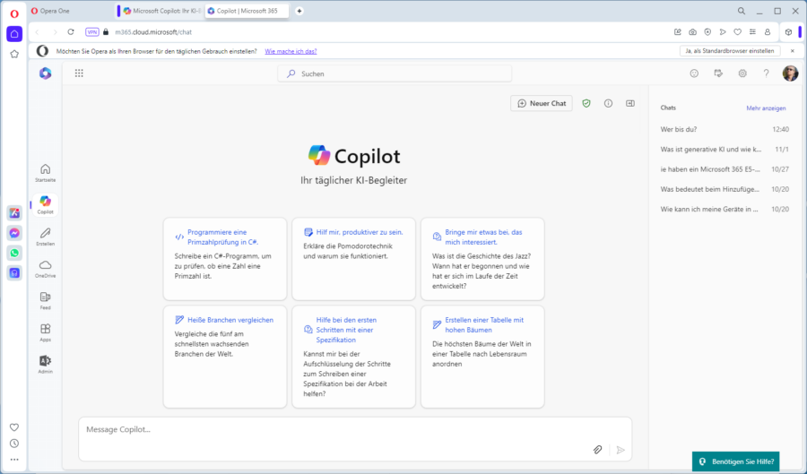 Die “Webversion“ vom MS-Copilot im Opera-Browser.