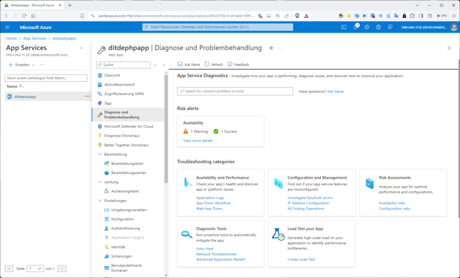 In den Diagnose-Tools einer Azure-Web-App finden sich auch die neuen Lasttests.