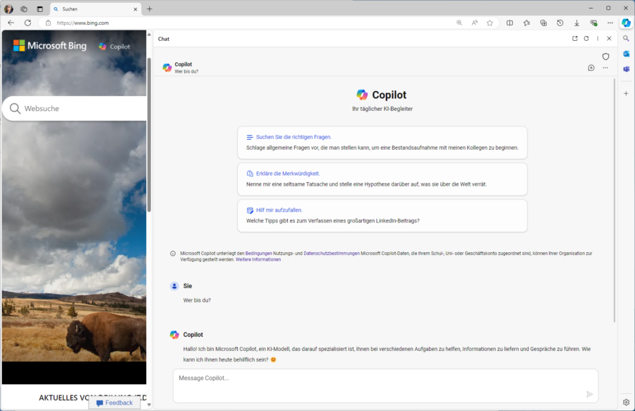 Die Bing-Integration in Edge heißt bei Microsoft Copilot; früher „Edge Copilot“, heute „MS Copilot“.