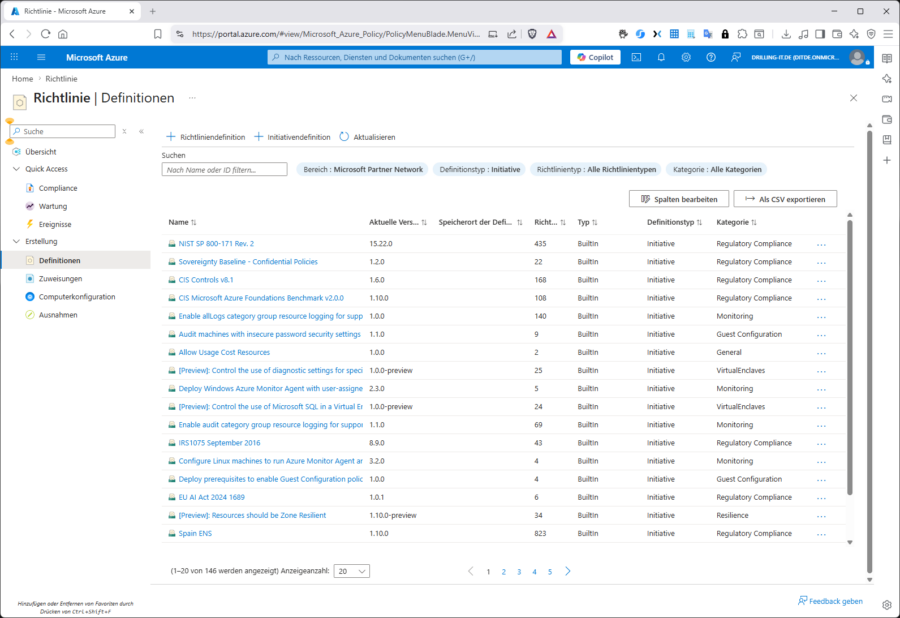 Übersicht der Initiative Definitions im Azure Portal – Built-in und eigene Definitionen auf einen Blick.