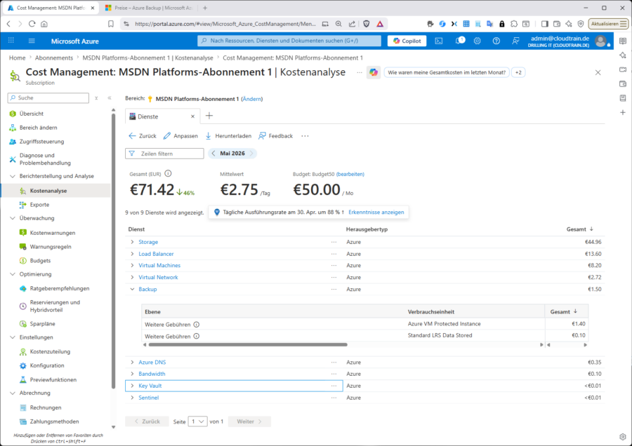 Im Cost Management (Kostenanalyse) sehen Sie immer auf einzeigt auf einen Blick, welcher Dienst welchen Anteil an den BCDR-Kosten verursacht – sinnvoll für die monatliche Review.