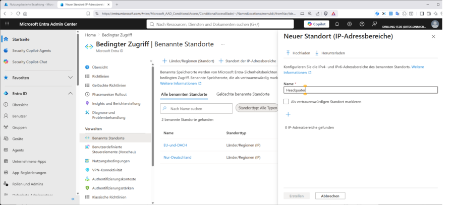 Übersicht der Named Locations im Entra ID Portal: IP-Ranges und Länder-basierte Standorte lassen sich getrennt pflegen.