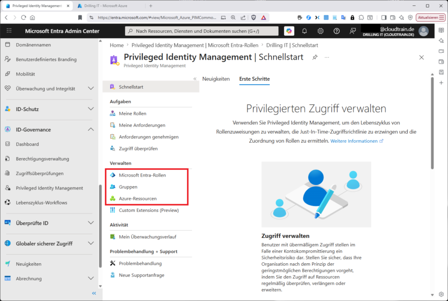 PIM-Übersicht im Entra Portal: Der Einstieg führt direkt zu den beiden Verwaltungsbereichen für Entra-Rollen und Azure-Ressourcenrollen.