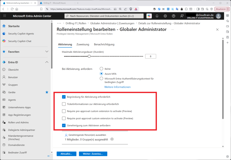 Rolleneinstellungen für den Global Administrator: MFA, Begründungspflicht und Genehmigungsworkflow lassen sich granular konfigurieren.