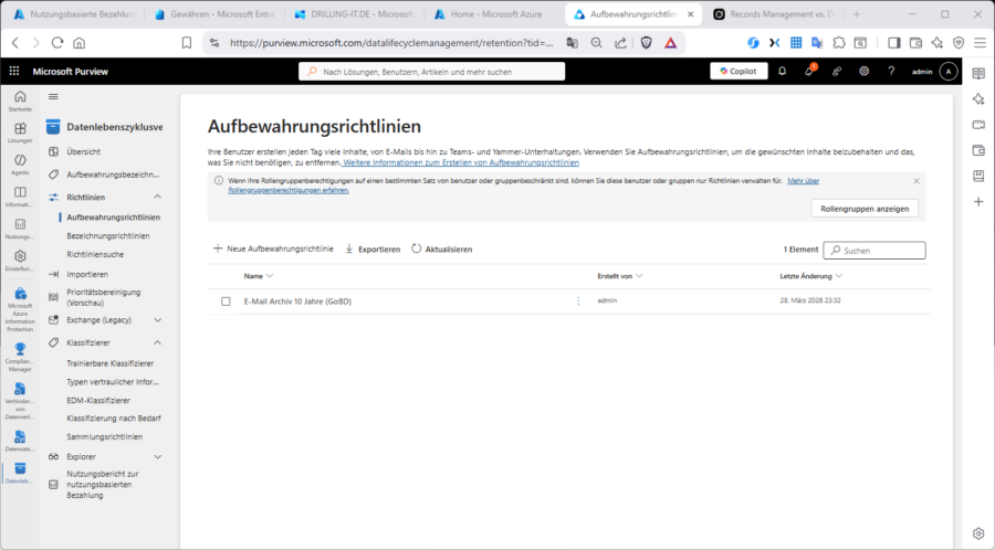 Die Retention-Einstellungen legen fest, ob aufbewahrt, gelöscht oder beides nacheinander erfolgen soll.