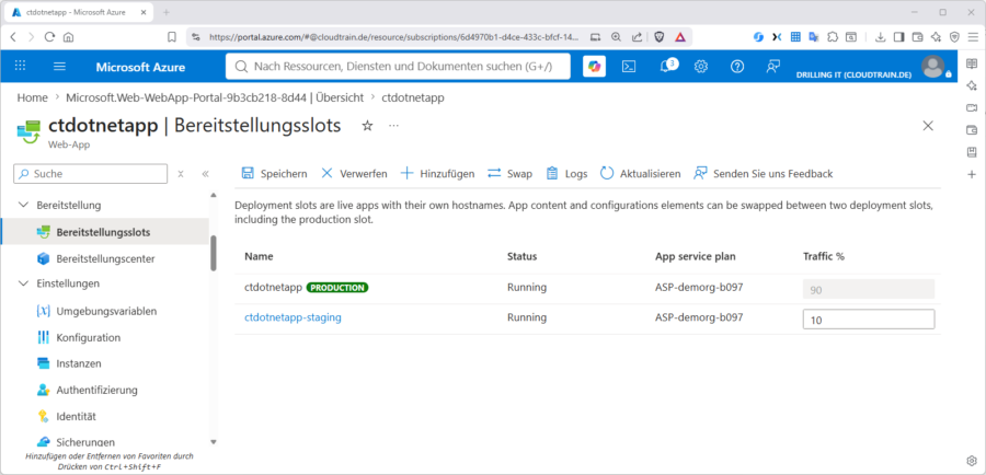 Traffic Routing im Azure Portal: 10 % des Produktionstraffics werden an den Staging-Slot geleitet – klassisches Canary-Release-Muster.