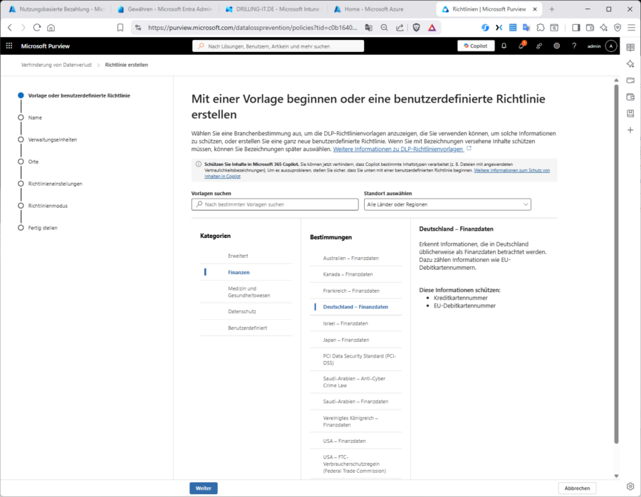 Microsoft liefert vordefinierte DLP-Templates, unter anderem für DSGVO und deutsche Finanzdaten.