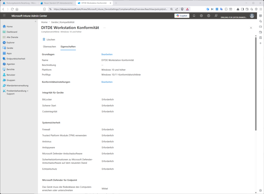 Eine typische Windows-Compliance-Richtlinie in Intune: BitLocker, Mindest-OS-Version und Passwort-Anforderungen in der Übersicht.