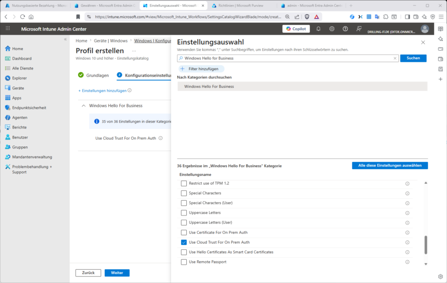 Das Aktivieren von Cloud Kerberos Trust für WHfB&nbsp; via Intune .