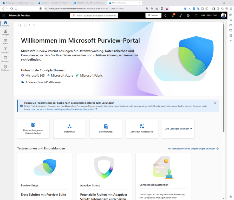 Das Purview Compliance Portal fasst Compliance-Werkzeuge unter einer einheitlichen Oberfläche zusammen.