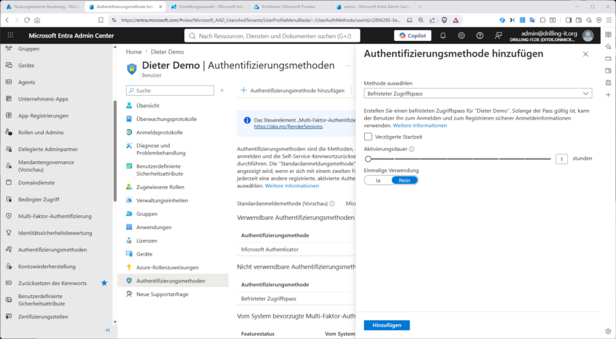 Das Generieren eines TAP im Entra-Portal.