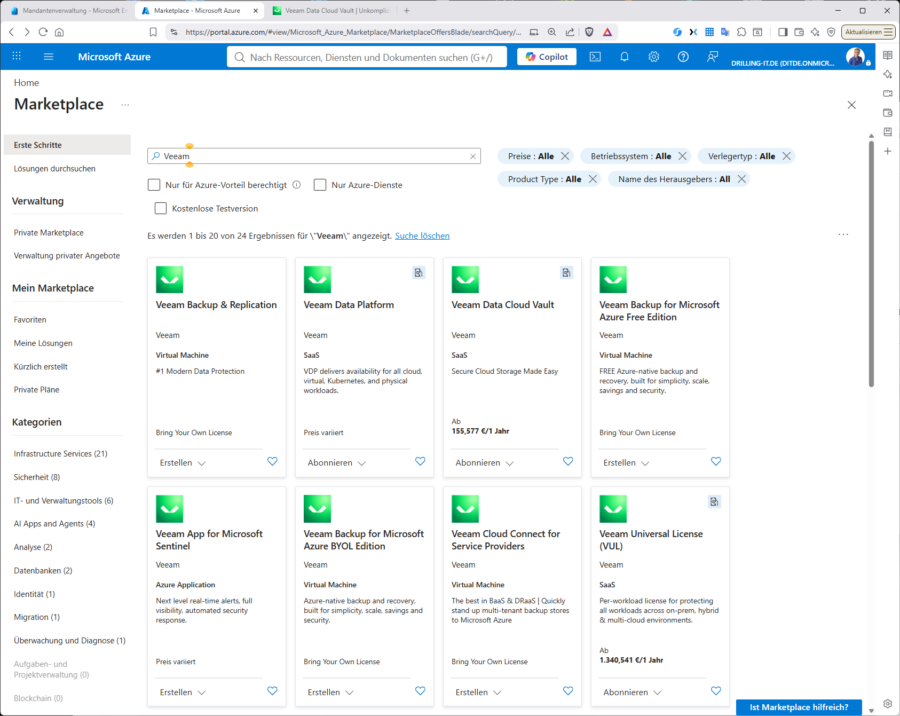 Das Veeam-Portfolio im Azure-Marketplace.