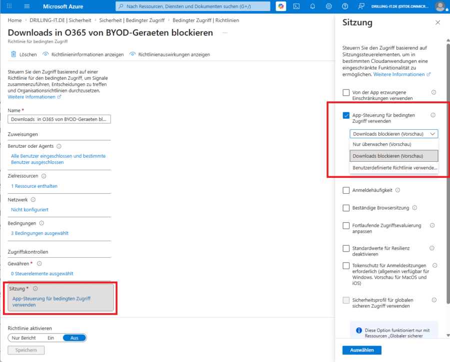 Mit der „App-Steuerung für bedingten Zugriff“ wird die CA-Engine zum Session-Proxy für Defender for Cloud Apps