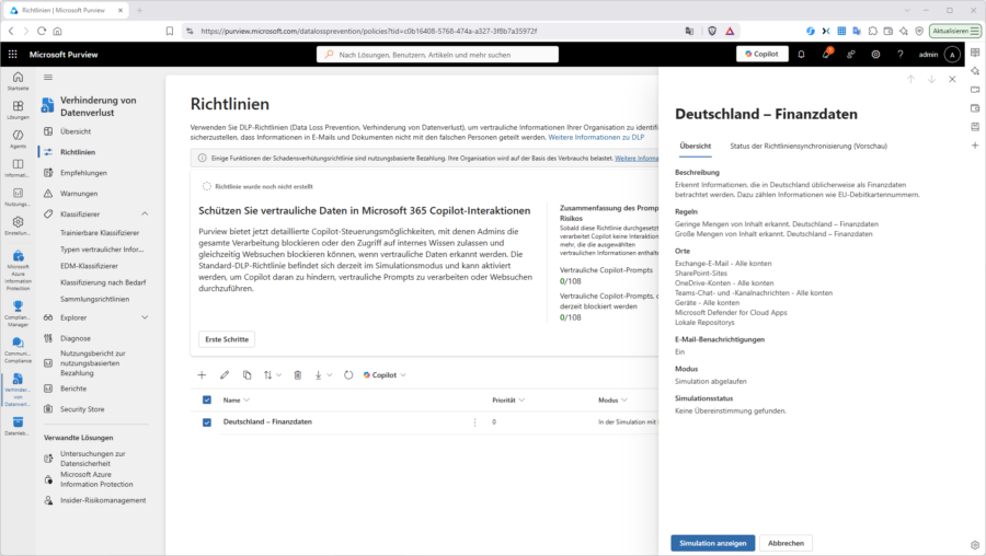 Eine aktive DLP-Richtlinie im Purview Compliance Portal – Workload-Abdeckung und Status auf einen Blick.