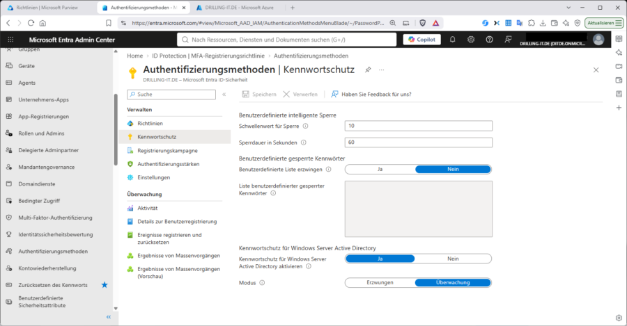 Im Entra-Portal definieren Sie die globale Kennwortrichtlinie – einschließlich der benutzerdefinierten verbotenen Kennwortliste.