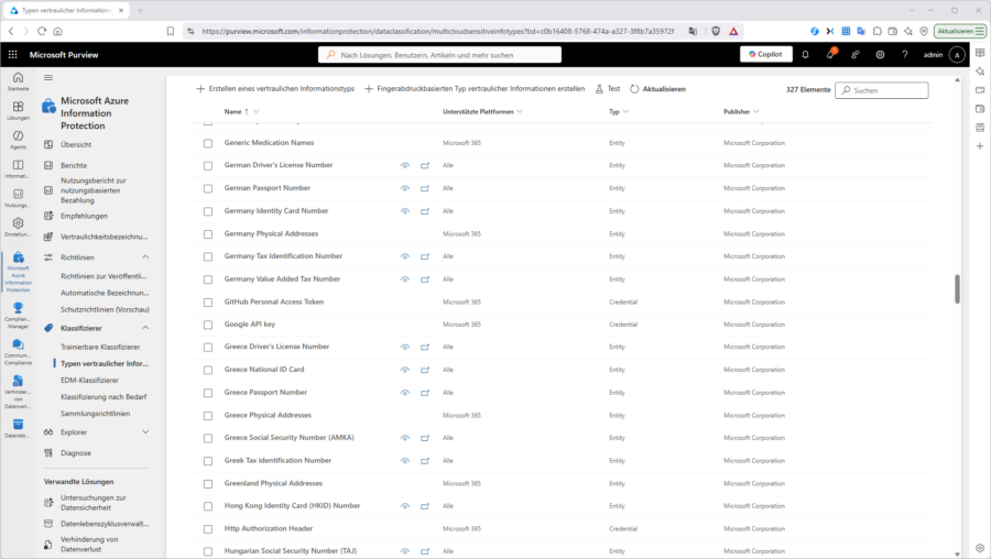 Sensitivity Labels im Microsoft Purview Compliance Portal – hier werden Klassifizierung und Schutzeinstellungen zentral definiert.