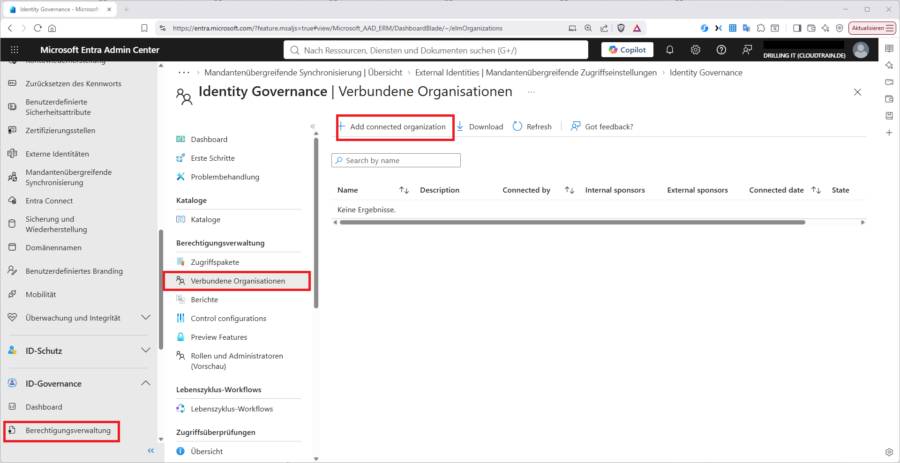 Verbundene Organisationen in der Entitlement Management-Übersicht – externe Mandanten können hier gezielt für den Zugriff auf Access Packages freigegeben werden.