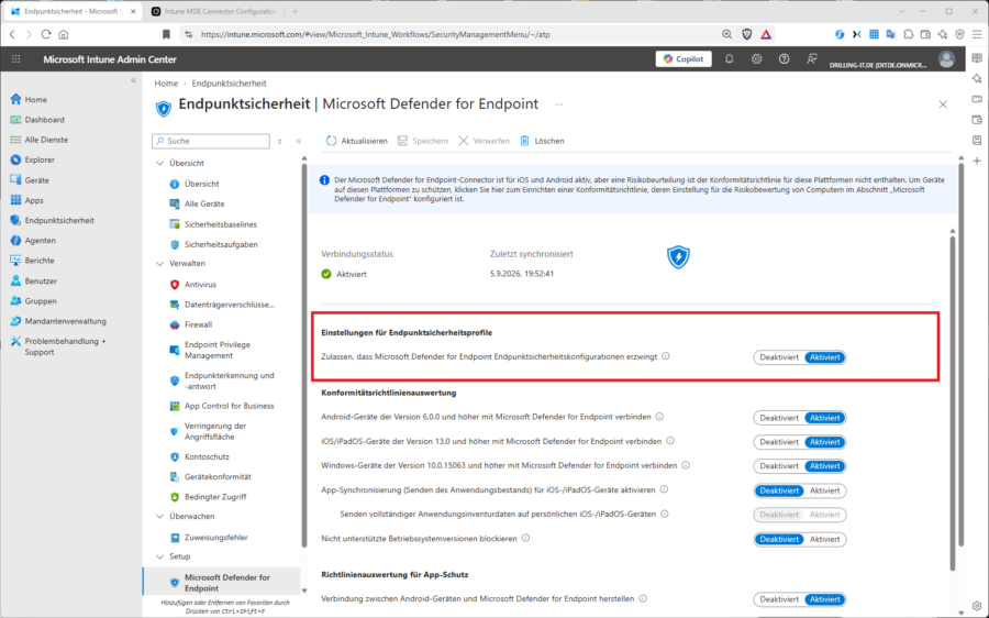 Der MDE-Connector im Intune Admin Center: Erst wenn dieser aktiv ist, fließt das Geräterisiko aus Defender in die Intune-Compliance-Bewertung ein.