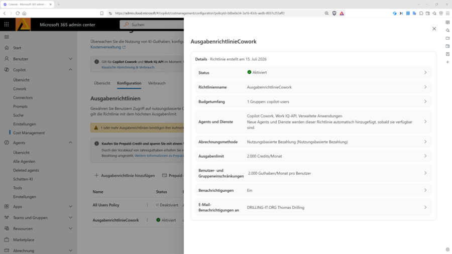 Die Cowork-Nutzung wird ausschließlich über eine Ausgabenrichtlinie gesteuert profitiert in keinster Weise von einem integrierten Kontingent Yeah, Co-Pilot Subscription.