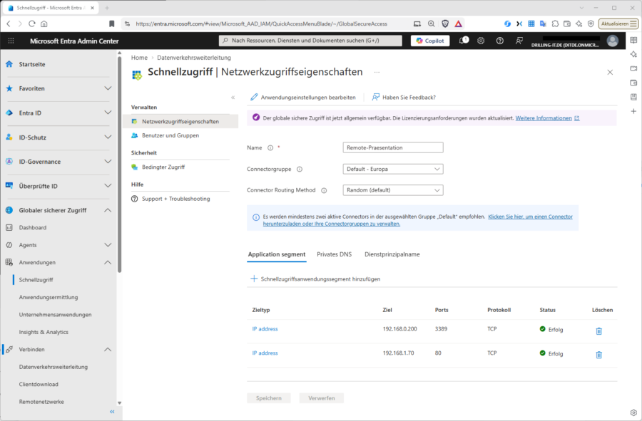 Quick Access in Private Access: Ressourcen per FQDN oder IP-Bereich freigeben, Connector-Gruppe auswählen – fertig.