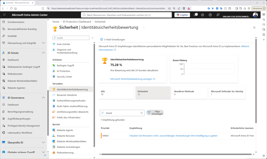 Ein regelmäßiger Blick in die Identitätssicherheitsbewertung unter ID-Schutz ist empfehlenswert.