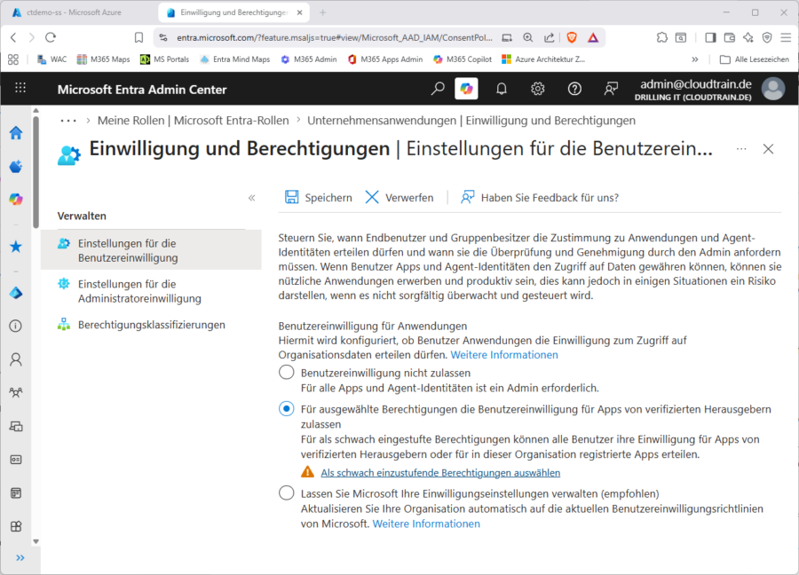 Bei den Enterprise-Apps sollte man die User-Consent-Einstellungen möglichst restriktiv setzen.